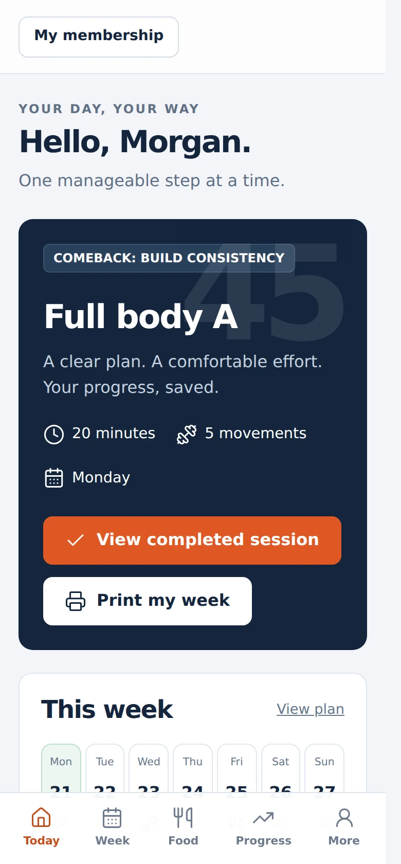 Sample FitOver45 Today screen showing a workout and weekly plan