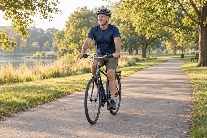 A man wearing a bicycle helmet riding on a sunny park path