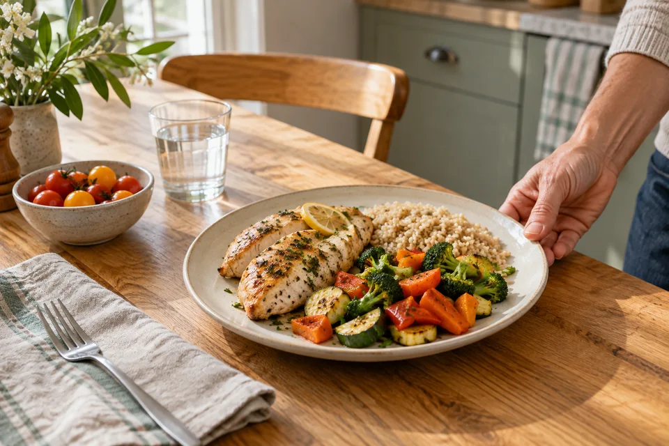 A simple home lunch with chicken, rice, vegetables, and water