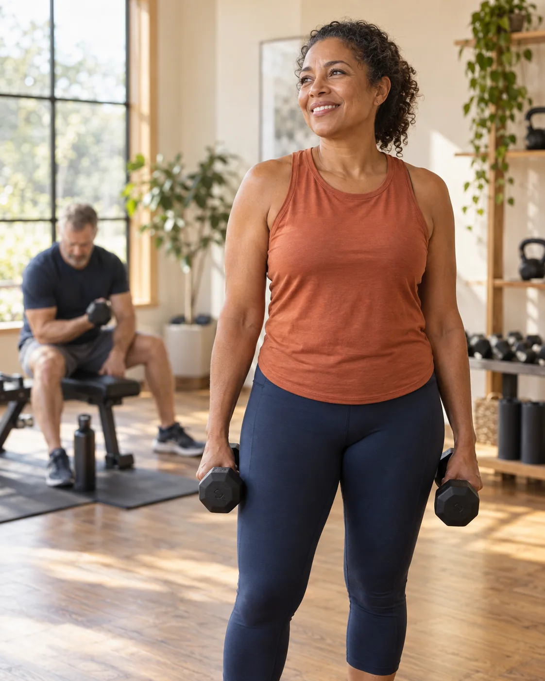 A woman taking a relaxed break with dumbbells in a bright gym