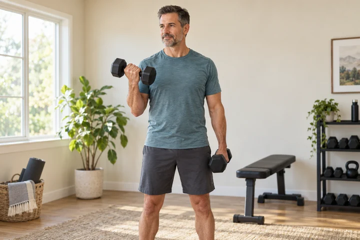 A man strength training with dumbbells in a bright home gym